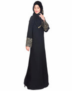 Black Abaya With Gold Zari Designer Embroidered Bell Sleeve Black