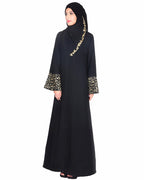 Black Abaya With Gold Zari Designer Embroidered Bell Sleeve Black