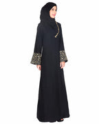 Black Abaya With Gold Zari Designer Embroidered Bell Sleeve Black