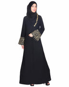 Black Abaya With Gold Zari Designer Embroidered Bell Sleeve Black