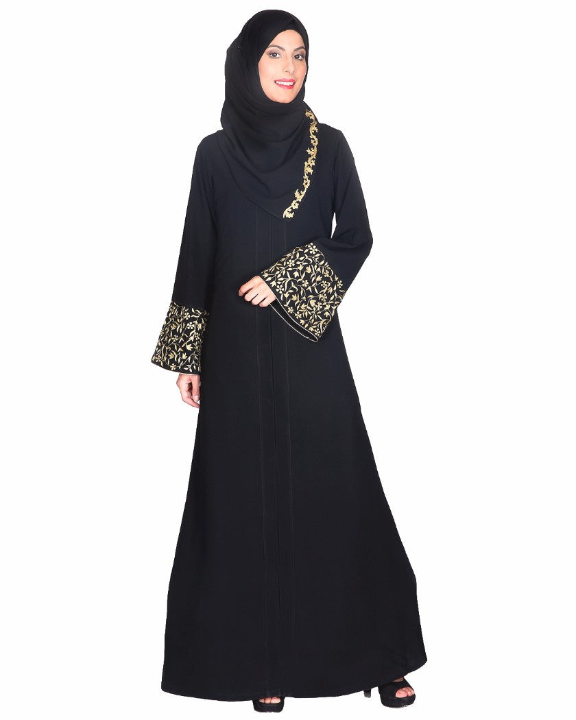 Black Abaya With Gold Zari Designer Embroidered Bell Sleeve Black