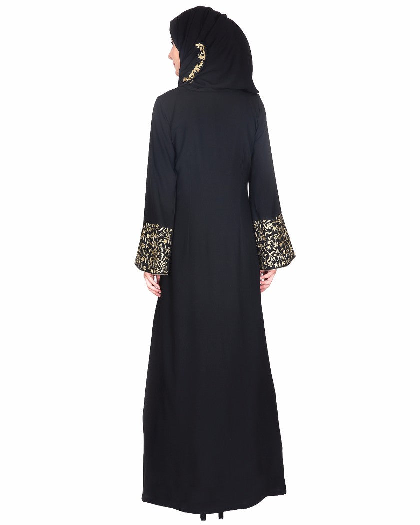 Black Abaya With Gold Zari Designer Embroidered Bell Sleeve Black