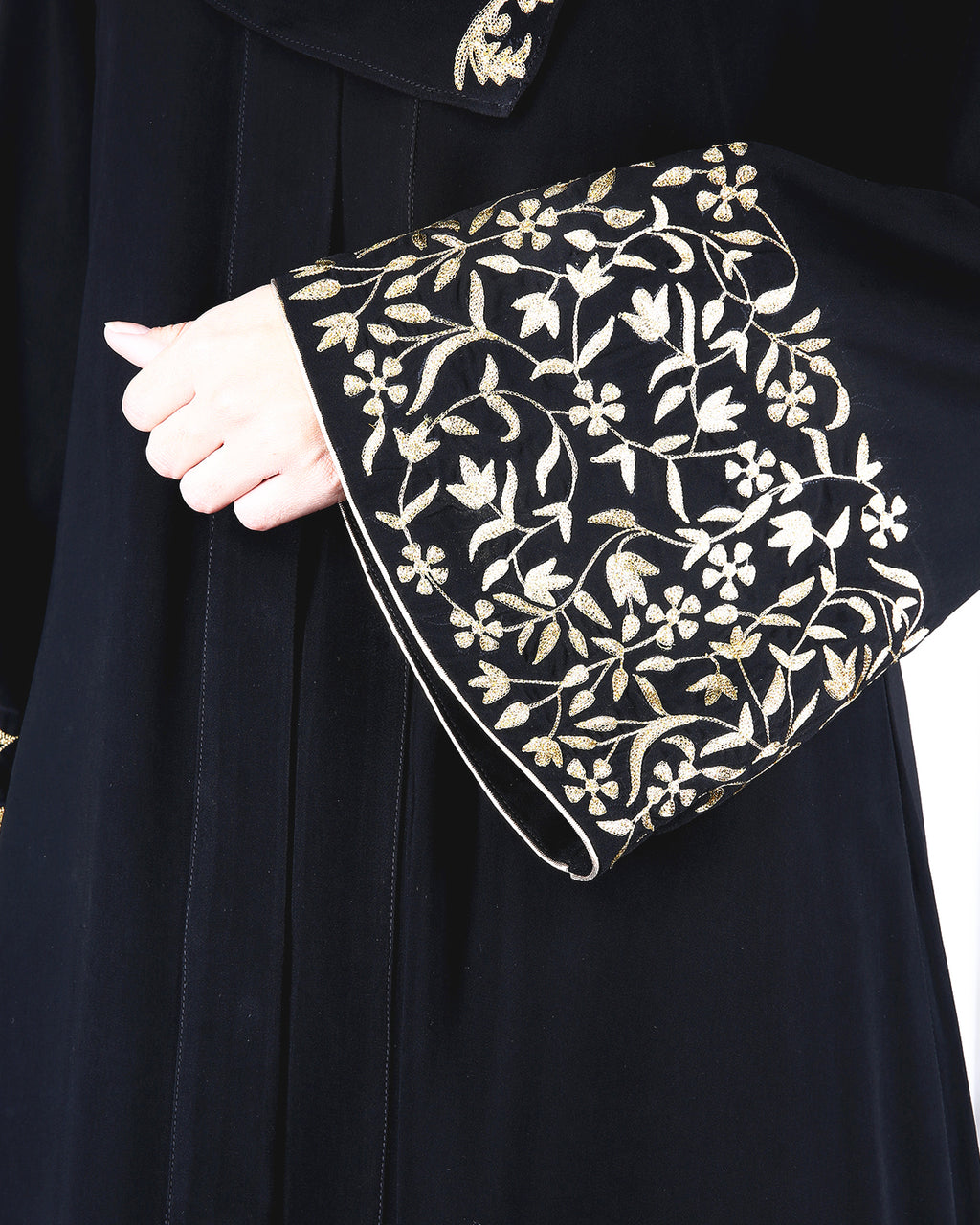 Black Abaya With Gold Zari Designer Embroidered Bell Sleeve Black