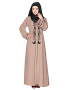 Scintillating jet beaded embroidered front open beige abaya