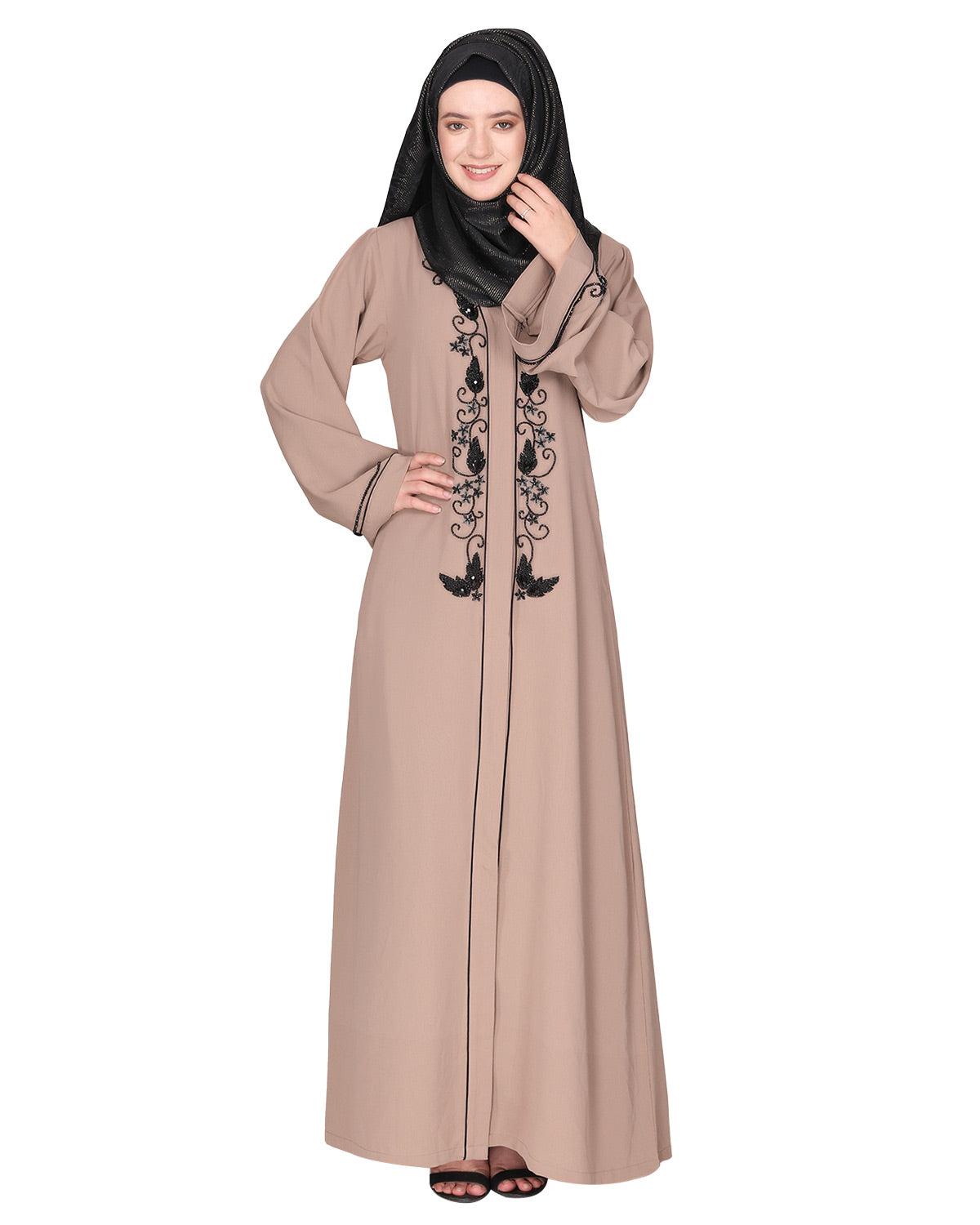 Scintillating jet beaded embroidered front open beige abaya