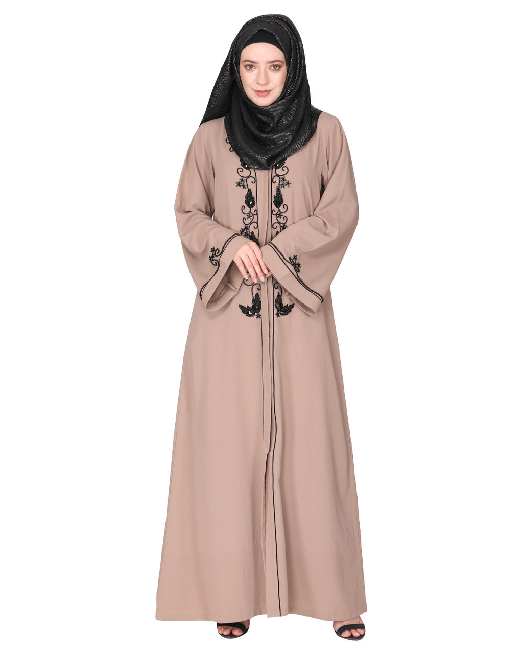 Scintillating jet beaded embroidered front open beige abaya