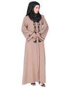 Scintillating jet beaded embroidered front open beige abaya