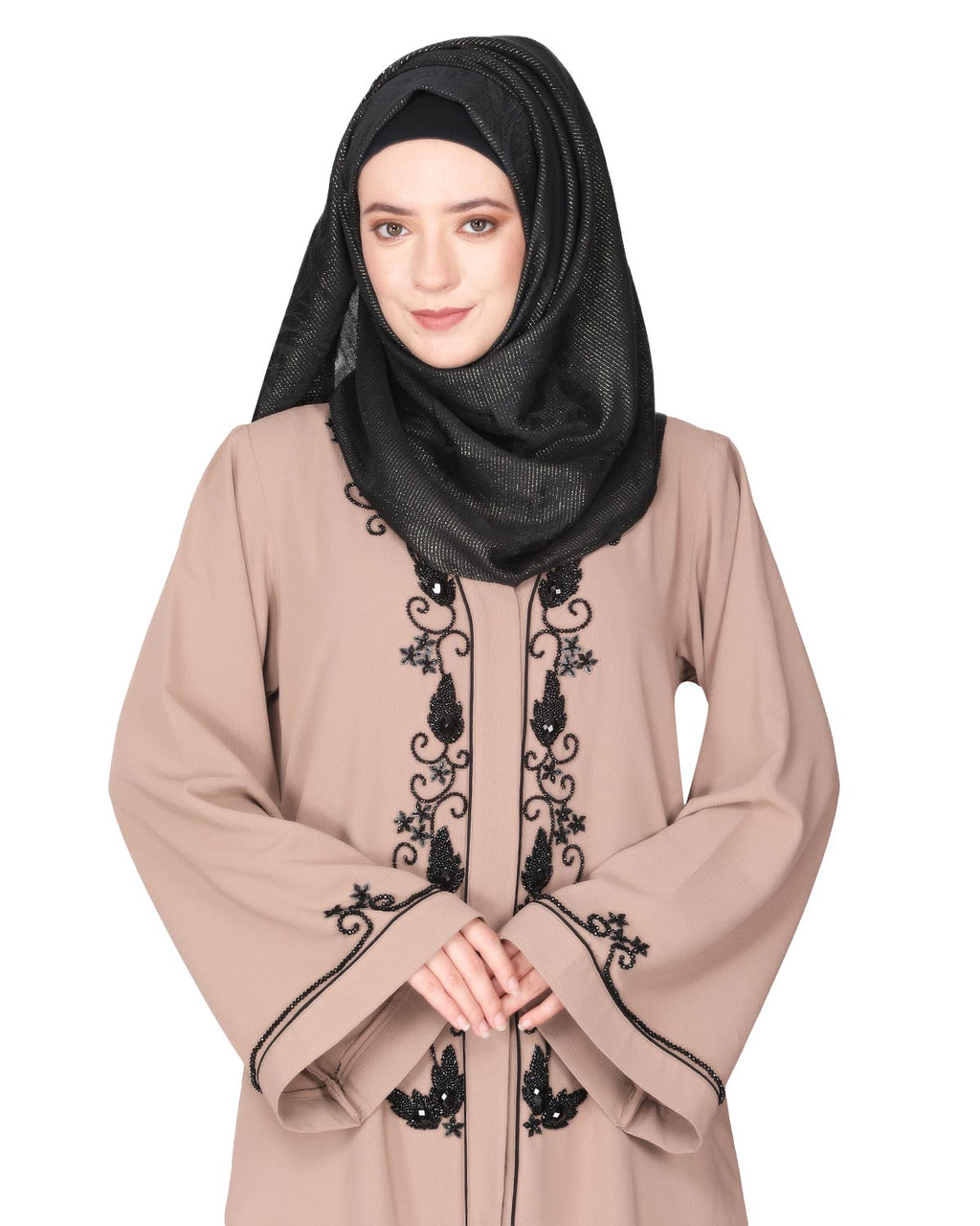 Scintillating jet beaded embroidered front open beige abaya