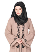 Scintillating jet beaded embroidered front open beige abaya