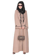 Scintillating jet beaded embroidered front open beige abaya Beige