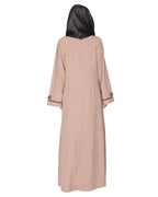 Scintillating jet beaded embroidered front open beige abaya Beige