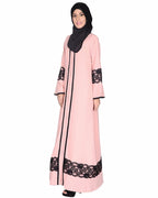 Peachish Pink Abaya With Black Lace Detaling Pink