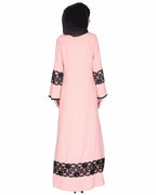 Peachish Pink Abaya With Black Lace Detaling Pink