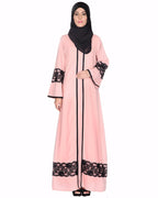 Peachish Pink Abaya With Black Lace Detaling Pink