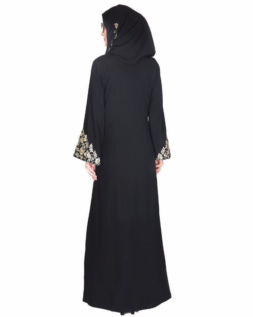 Black Abaya With Gold Zari Embroidered Bell Sleeve Black