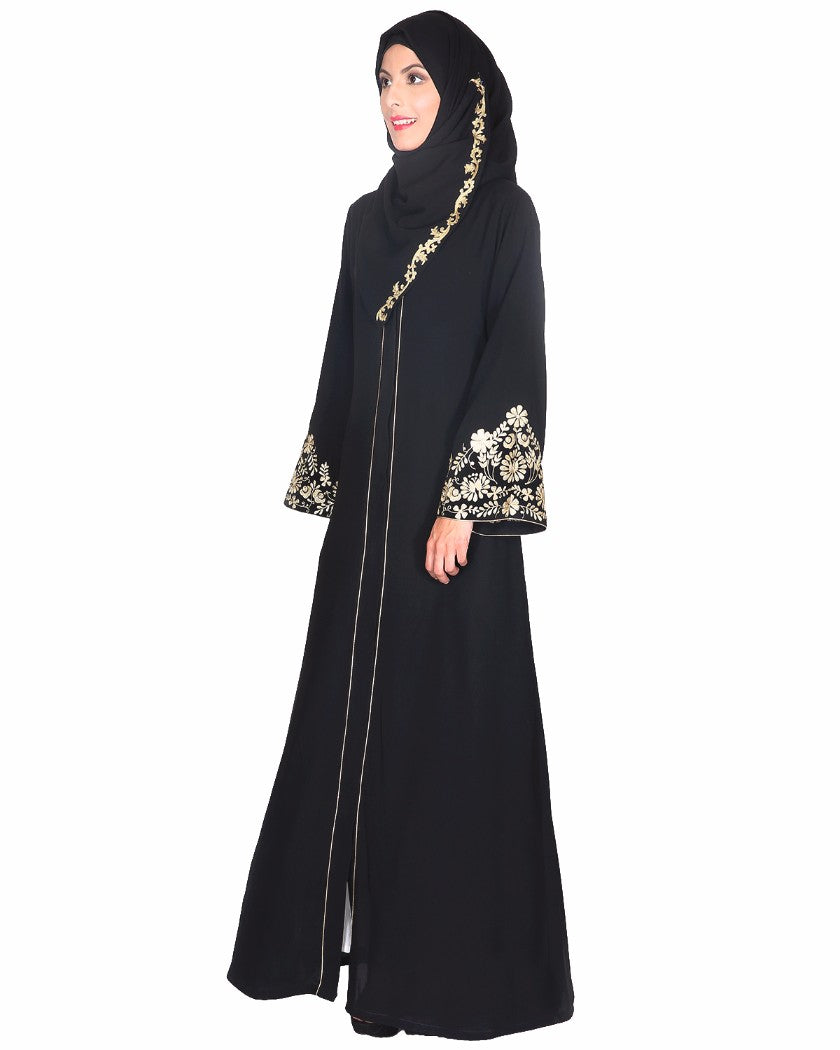 Black Abaya With Gold Zari Embroidered Bell Sleeve Black