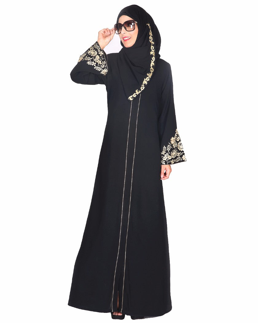 Black Abaya With Gold Zari Embroidered Bell Sleeve Black