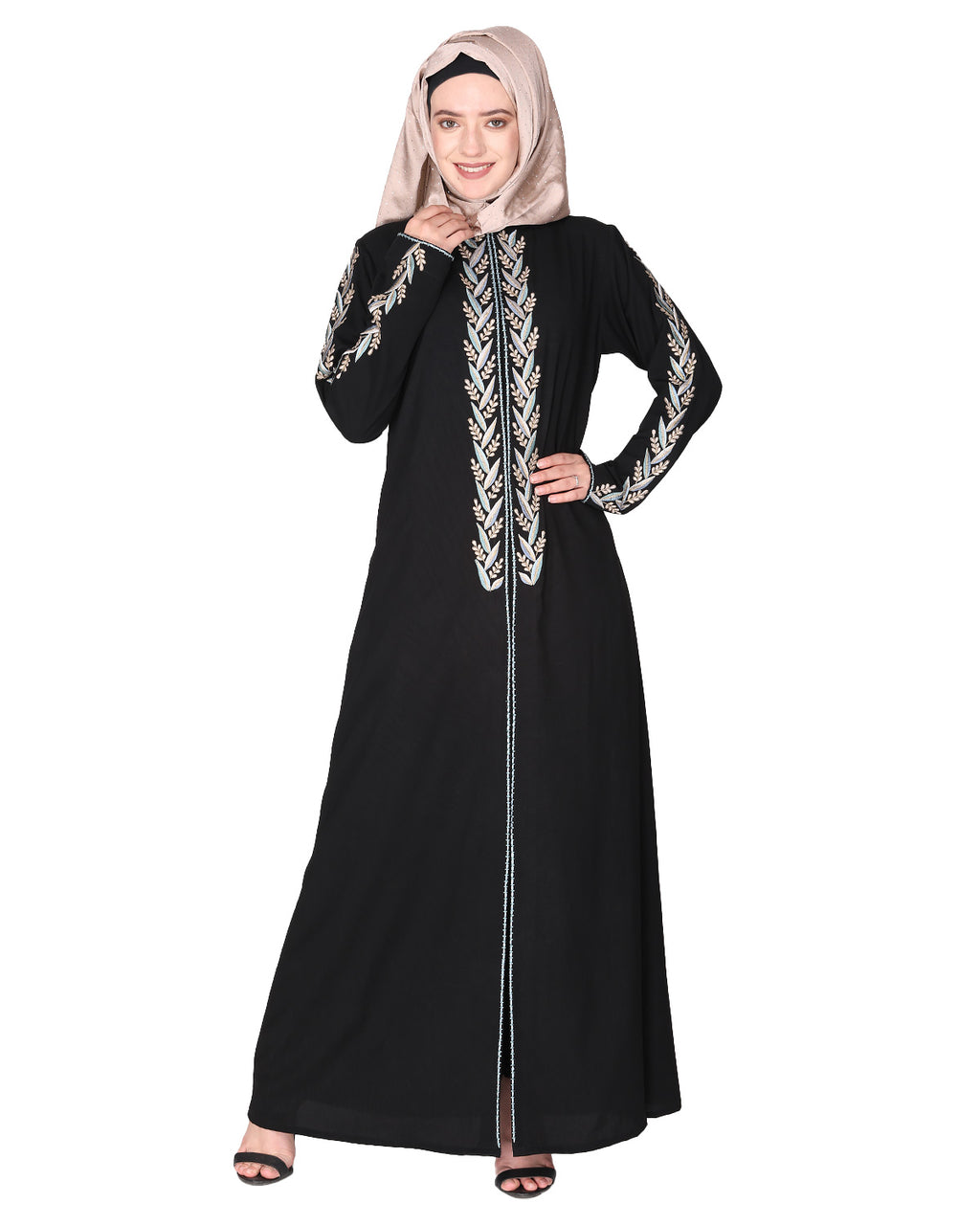 Exclusive abaya with turquoise and Gold Leaf Embroidery Black