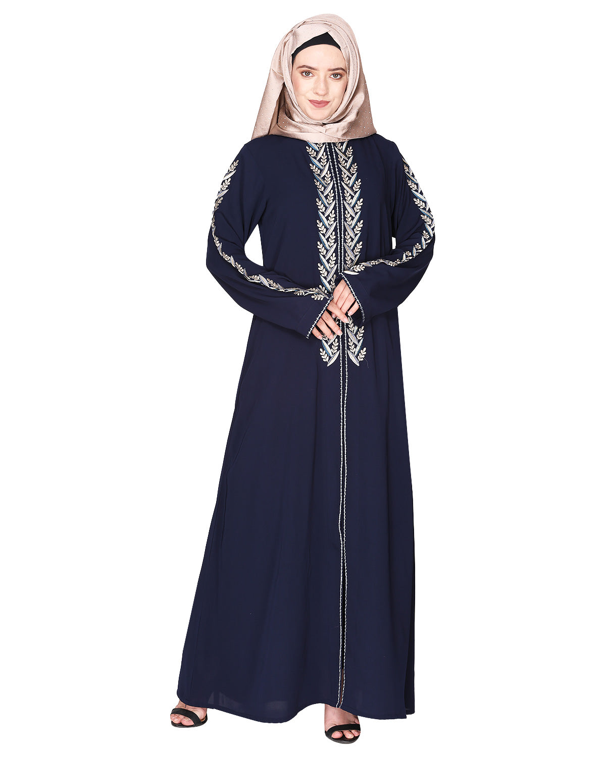 Exclusive abaya with turquoise and Gold Leaf Embroidery Blue