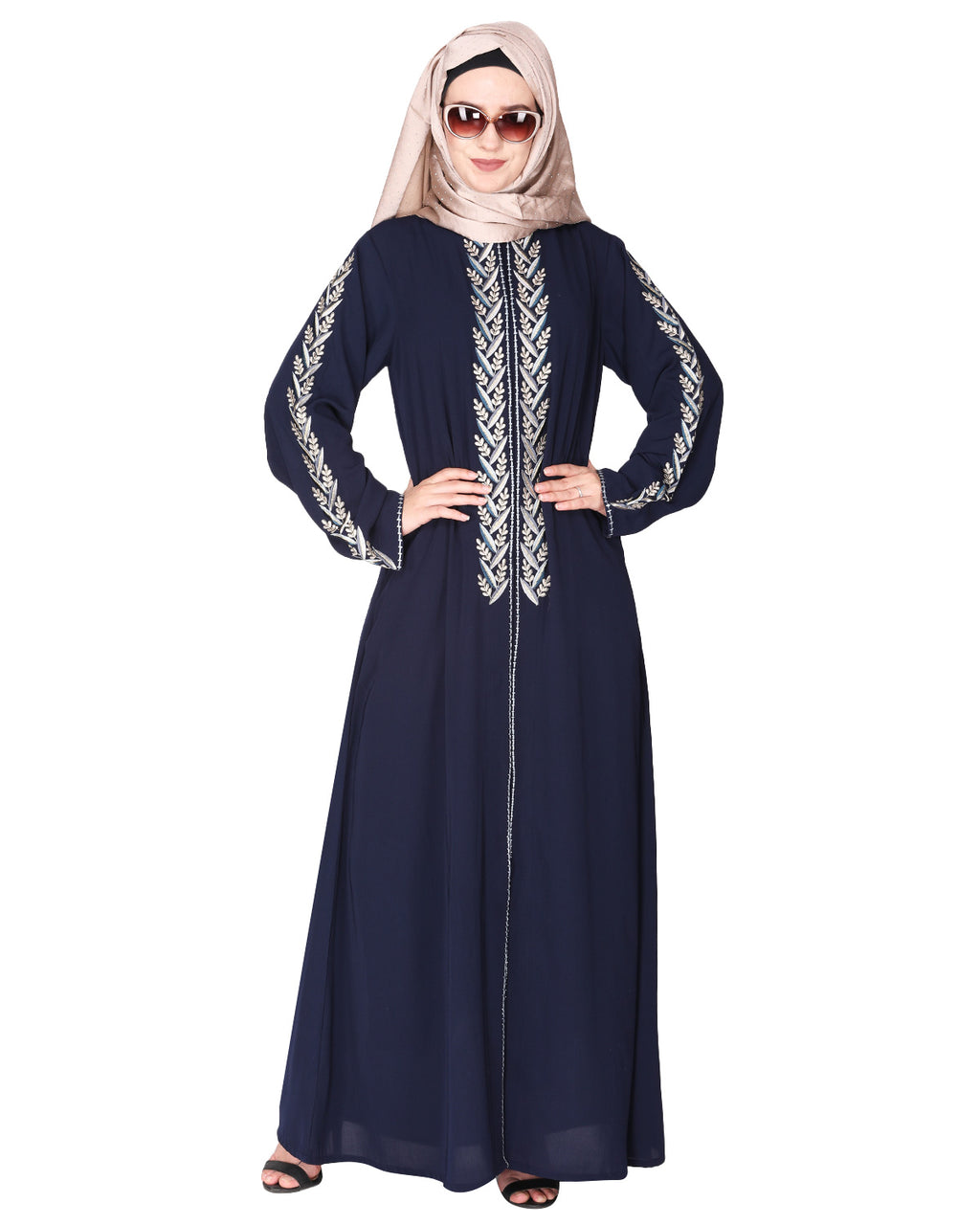 Exclusive abaya with turquoise and Gold Leaf Embroidery Blue