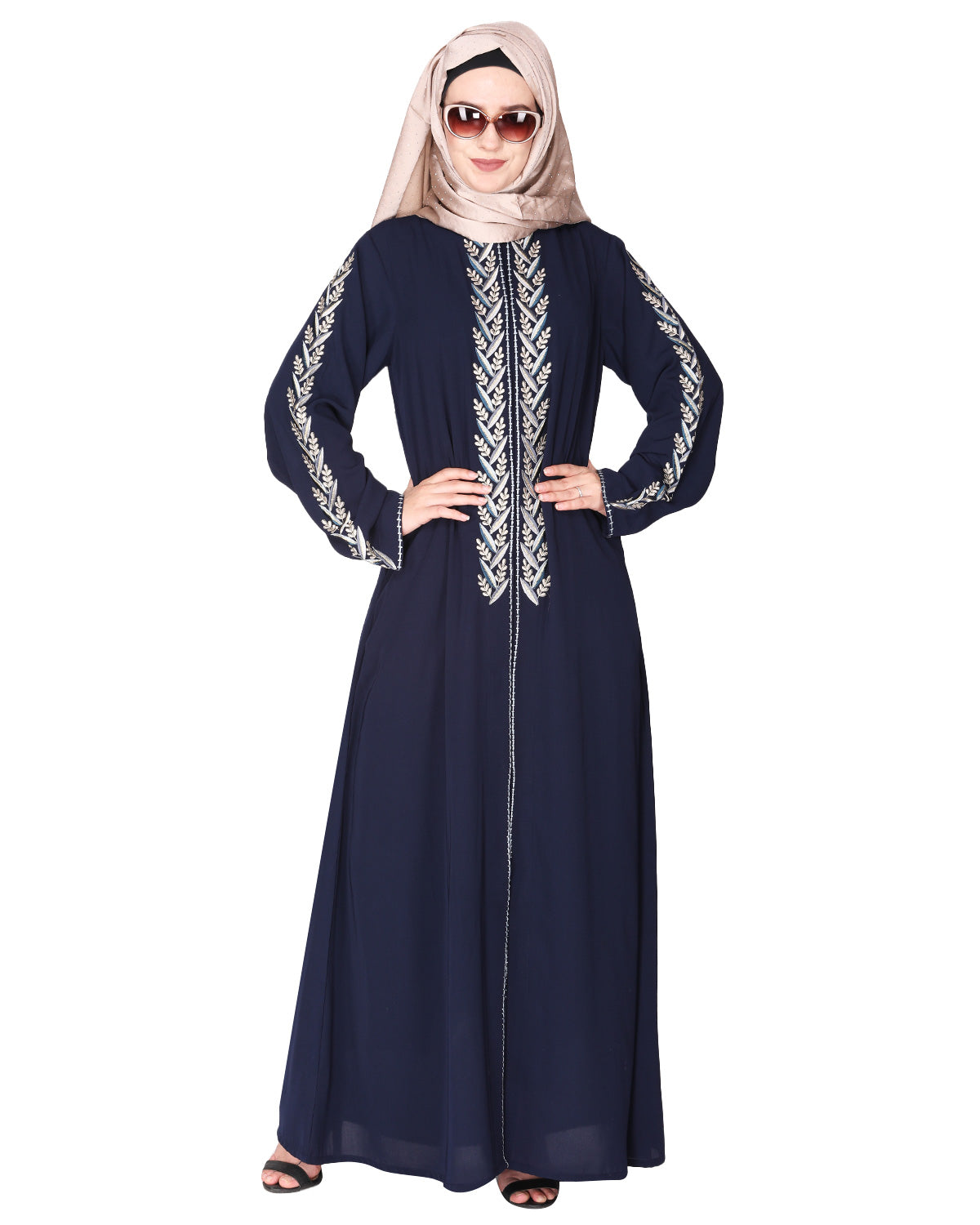 Exclusive abaya with turquoise and Gold Leaf Embroidery Blue