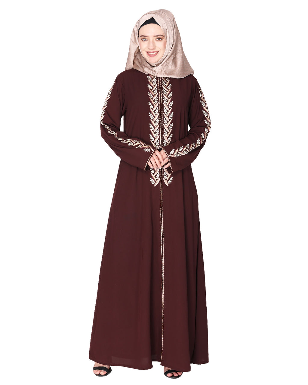 Exclusive abaya with turquoise and Gold Leaf Embroidery Dark Brown