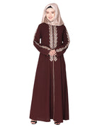 Exclusive abaya with turquoise and Gold Leaf Embroidery Dark Brown