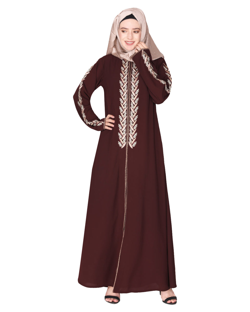 Exclusive abaya with turquoise and Gold Leaf Embroidery Dark Brown
