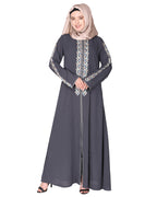 Exclusive abaya with turquoise and Gold Leaf Embroidery Dark Grey