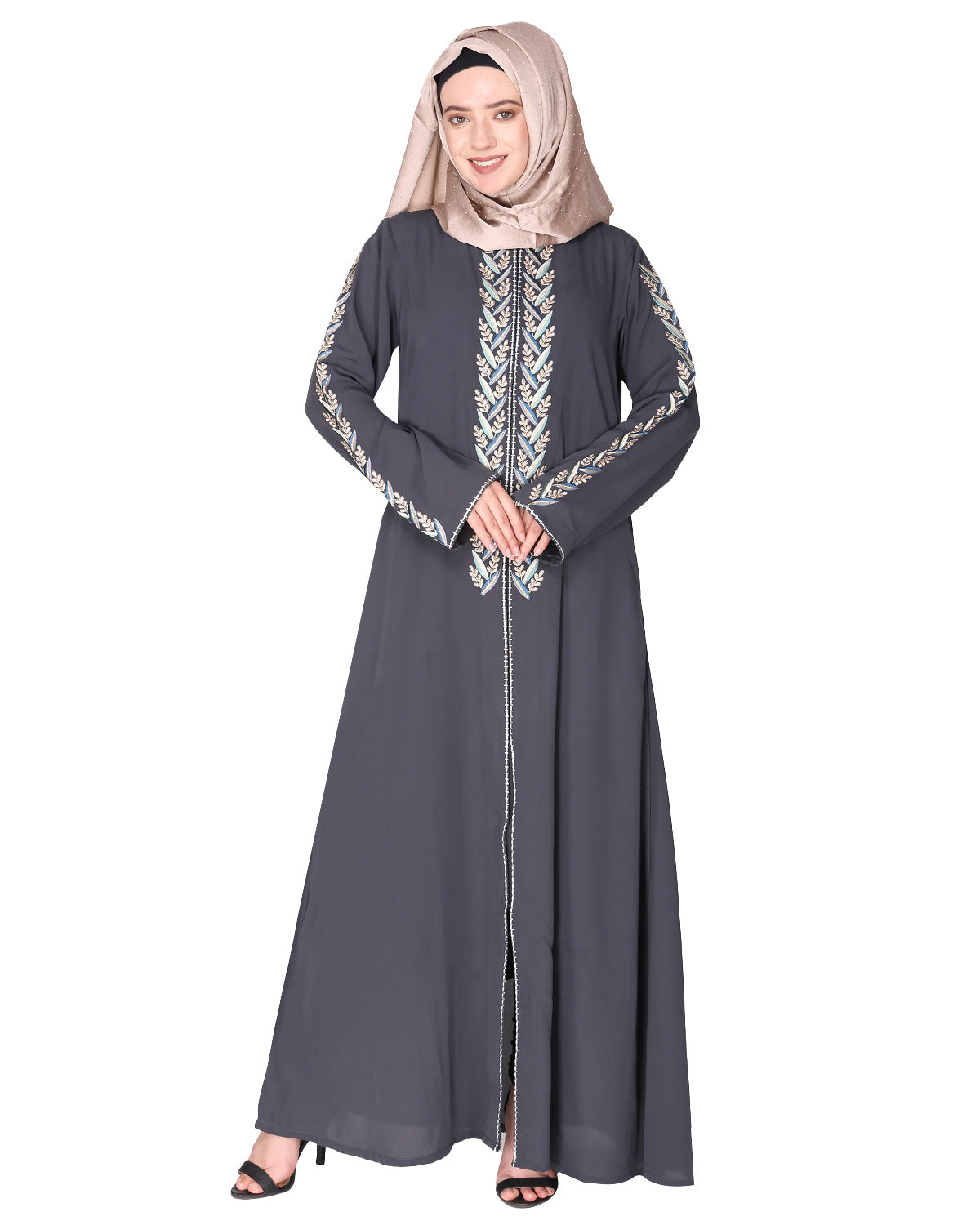 Exclusive abaya with turquoise and Gold Leaf Embroidery Dark Grey