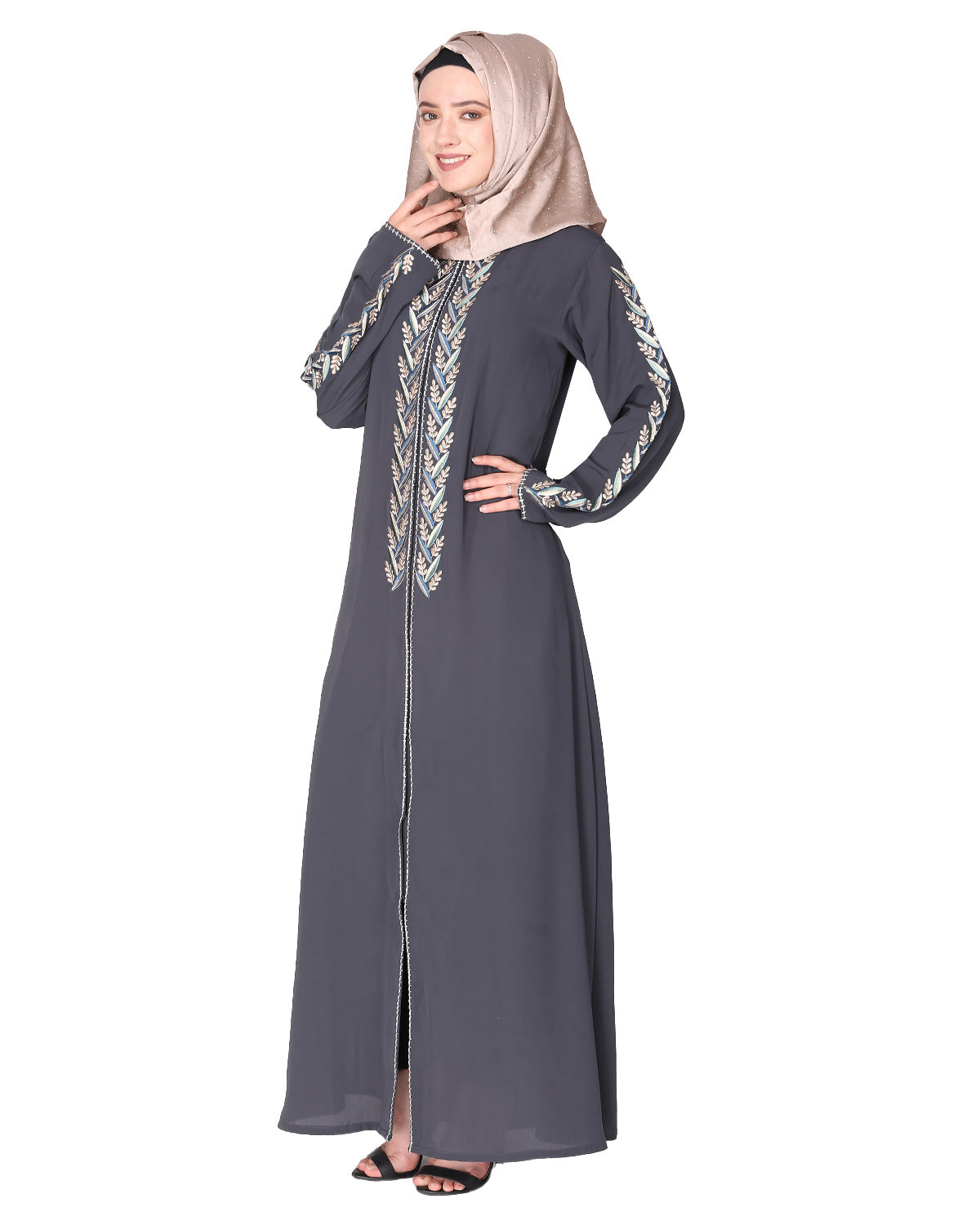 Exclusive abaya with turquoise and Gold Leaf Embroidery Dark Grey