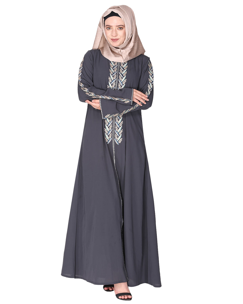Exclusive abaya with turquoise and Gold Leaf Embroidery Dark Grey