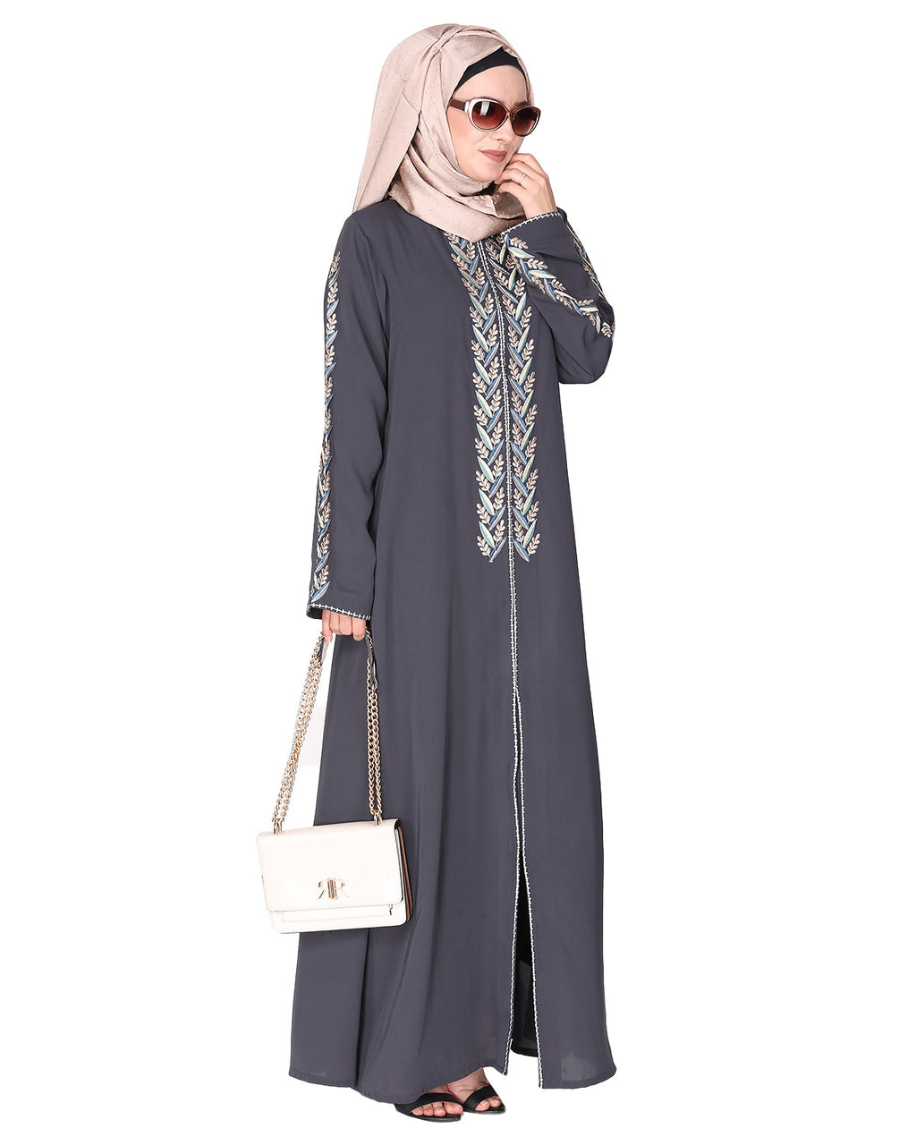 Exclusive abaya with turquoise and Gold Leaf Embroidery Dark Grey