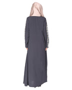 Exclusive abaya with turquoise and Gold Leaf Embroidery Dark Grey