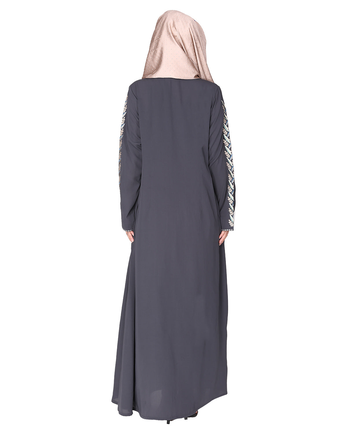 Exclusive abaya with turquoise and Gold Leaf Embroidery Dark Grey