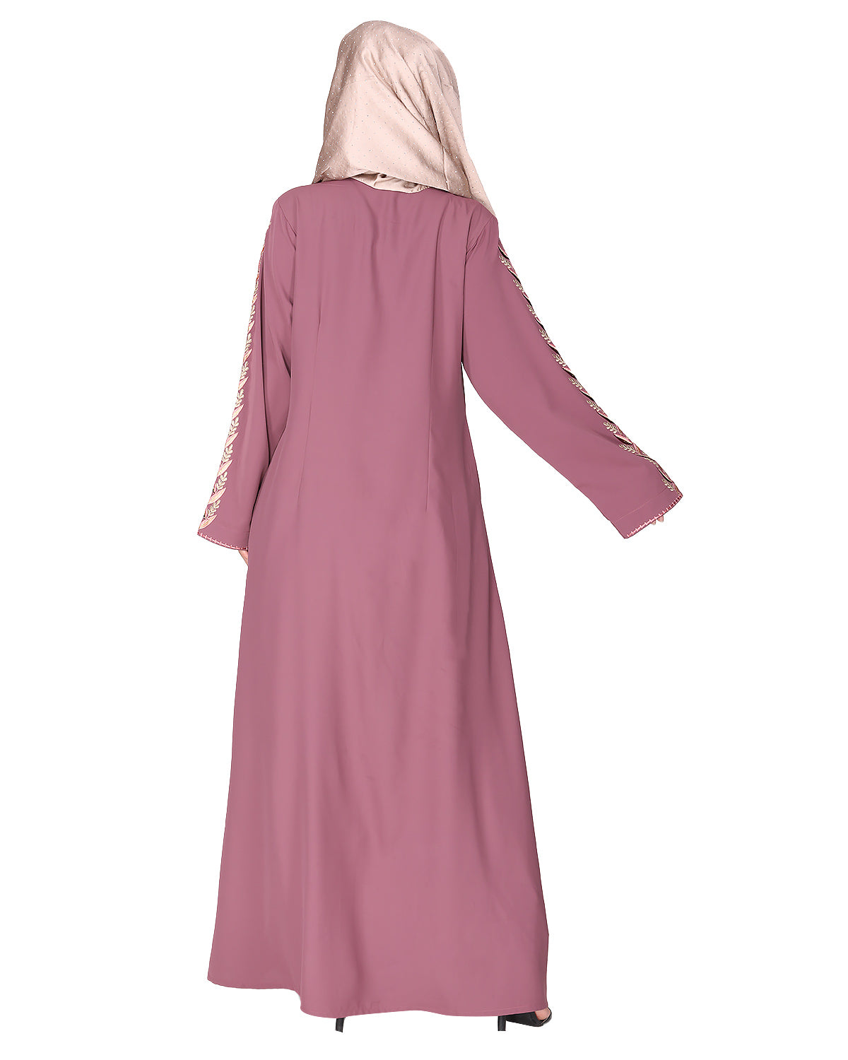 Exclusive abaya with turquoise and Gold Leaf Embroidery Onion Pink