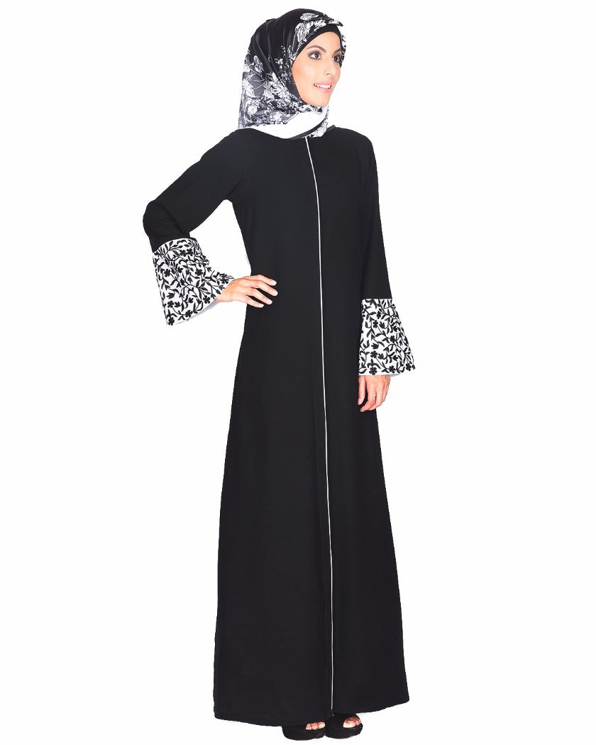 Black Abaya With Thread Embroidered Bell Sleeve Black