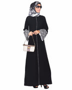 Black Abaya With Thread Embroidered Bell Sleeve Black