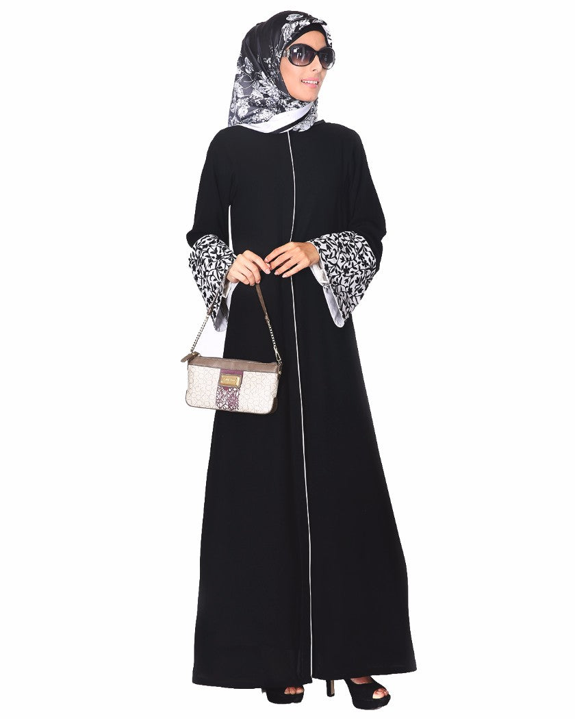 Black Abaya With Thread Embroidered Bell Sleeve Black