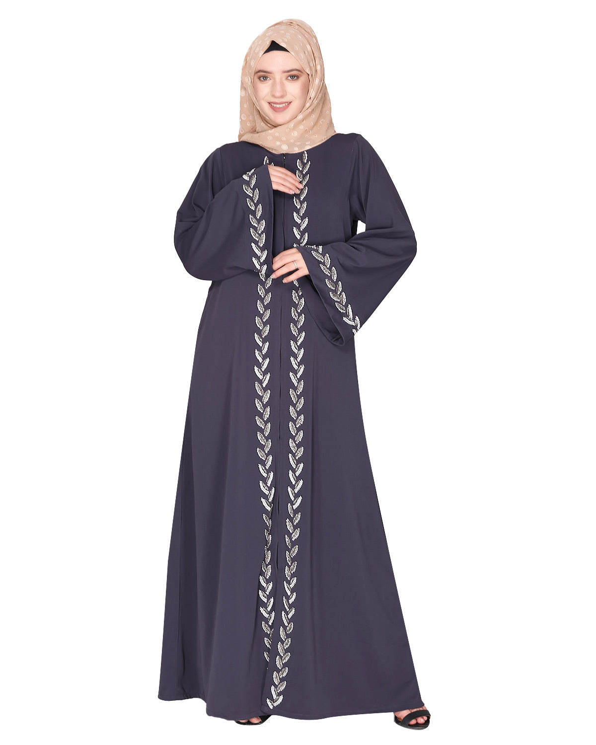 Extraordinary Pearl Drop leaves abaya Dark Grey