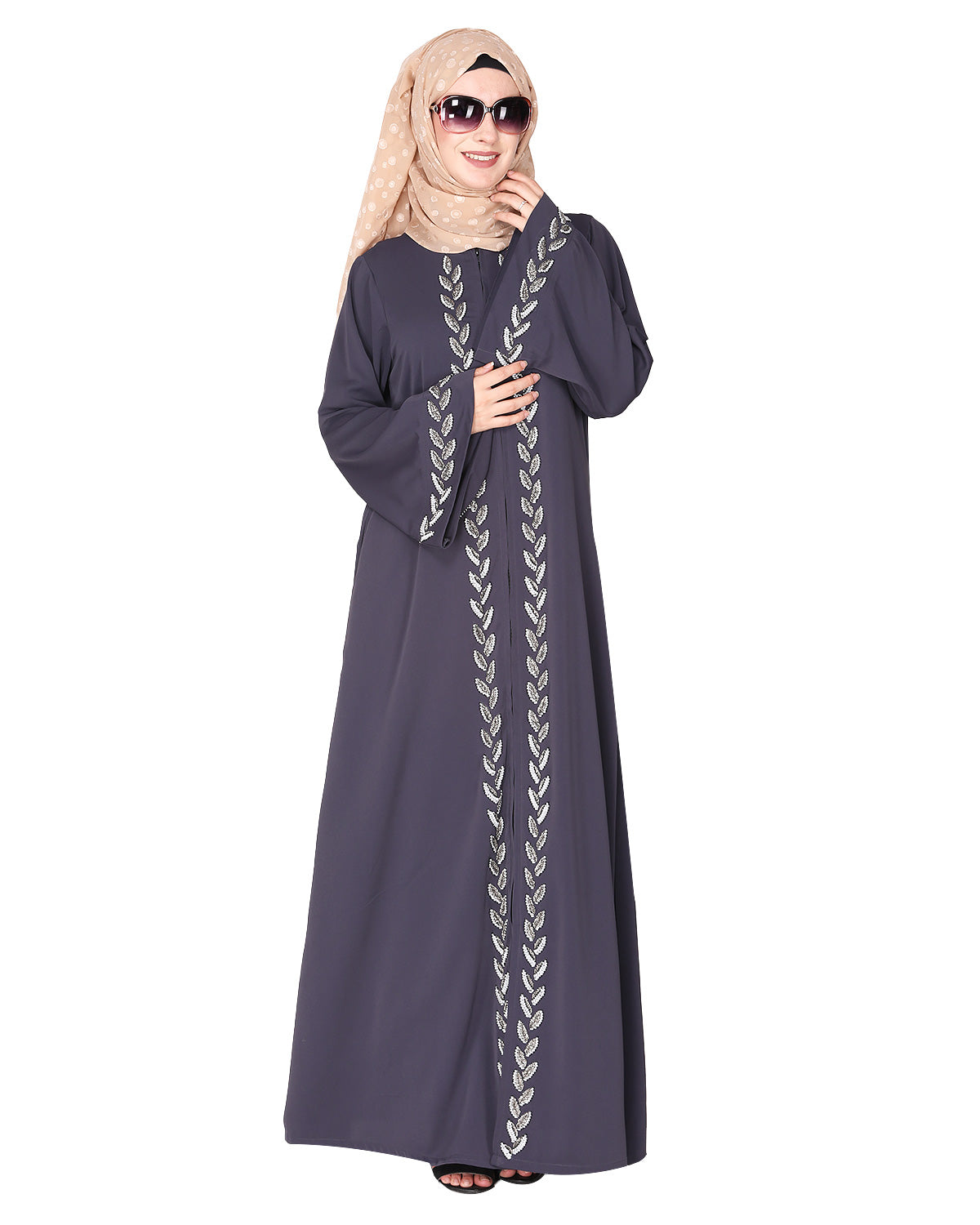 Extraordinary Pearl Drop leaves abaya Dark Grey
