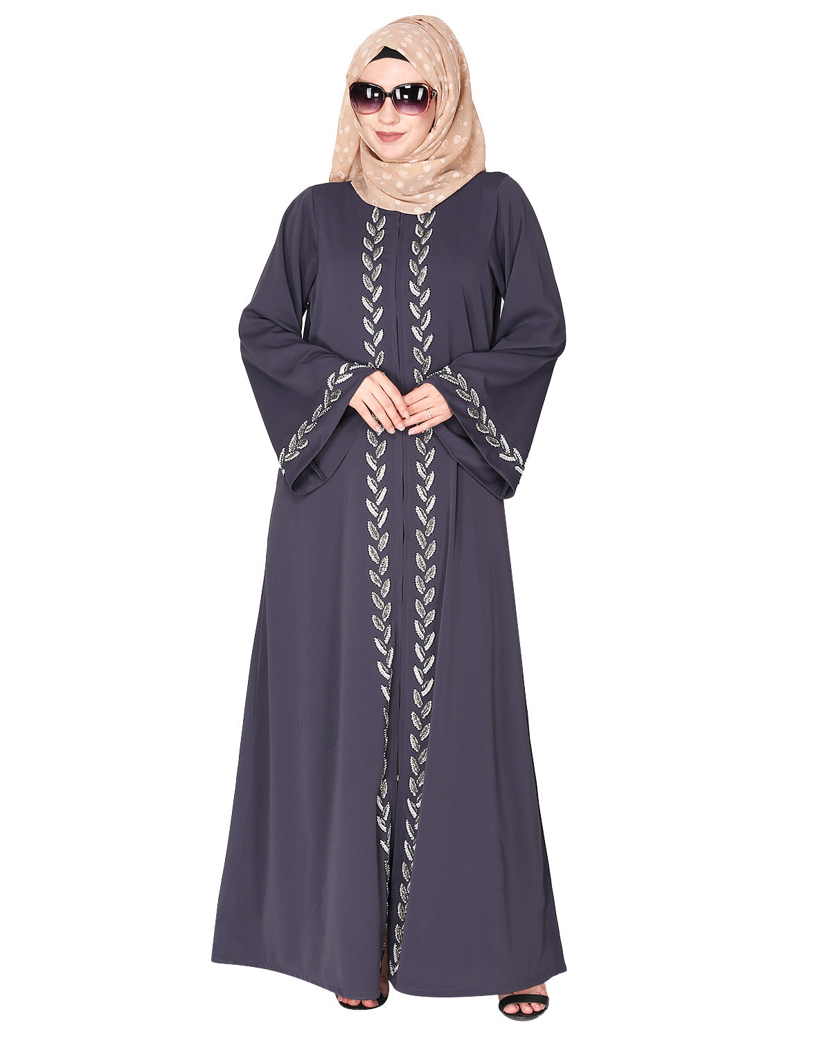 Extraordinary Pearl Drop leaves abaya Dark Grey