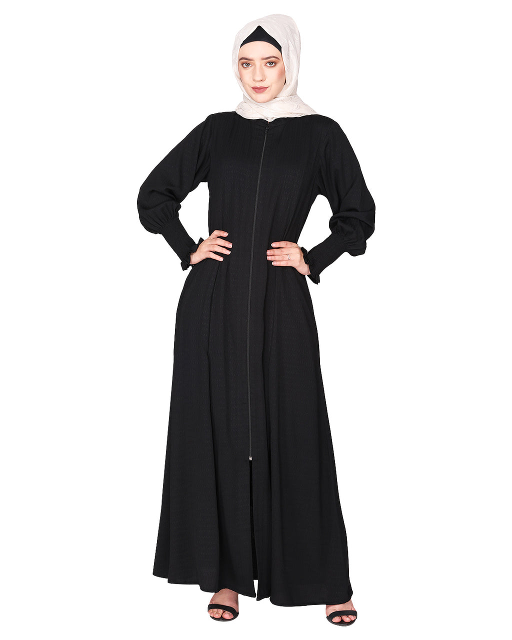 Black Seersucker Nida Abaya with Elastic Sleeves Black
