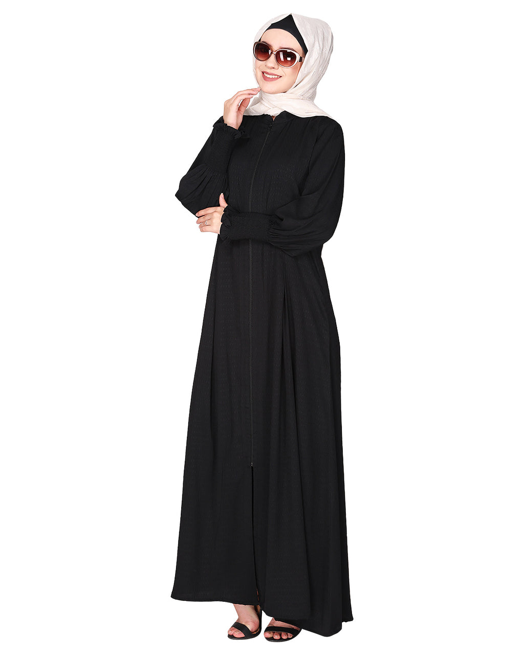 Black Seersucker Nida Abaya with Elastic Sleeves Black