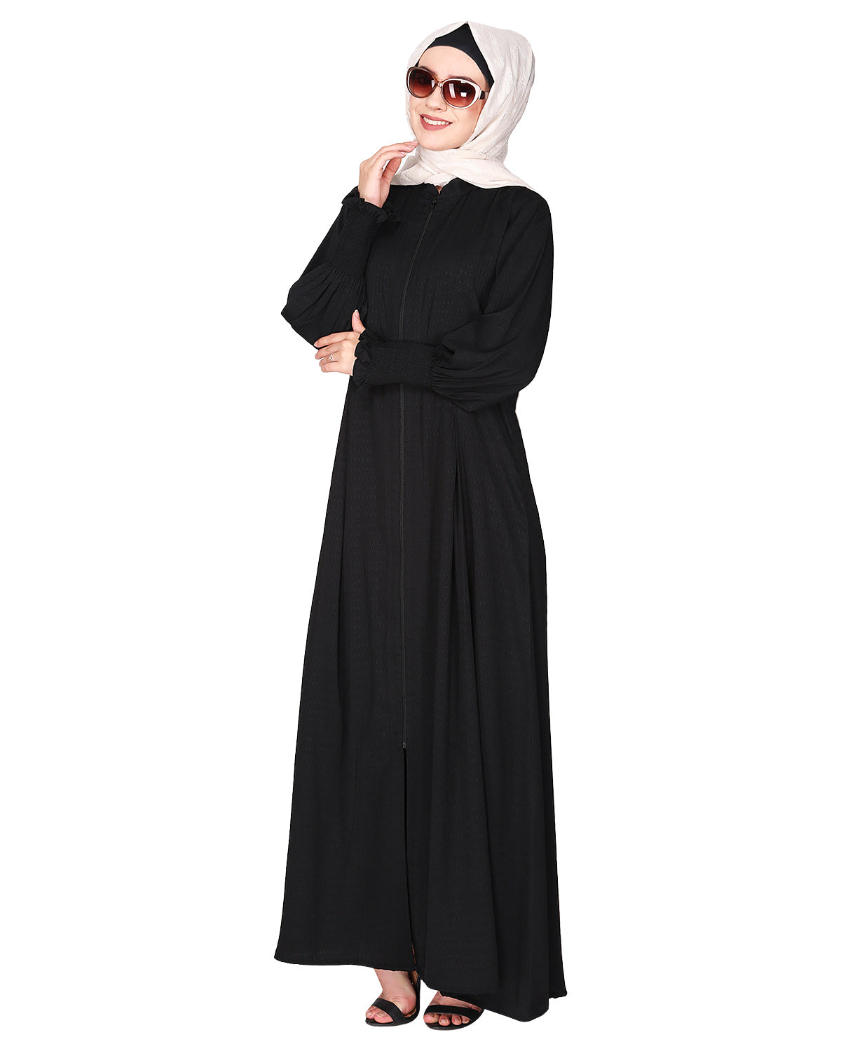Black Seersucker Nida Abaya with Elastic Sleeves Black