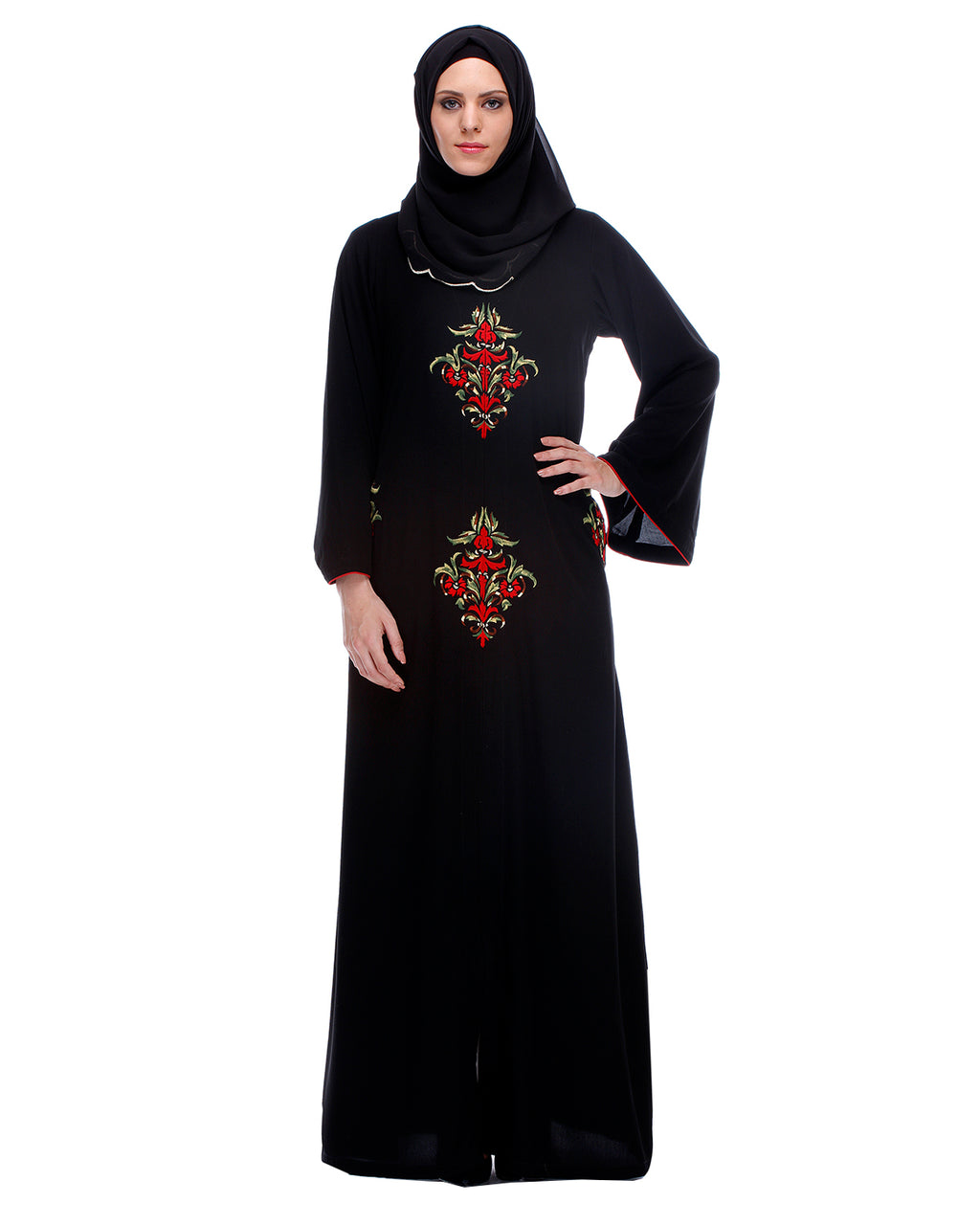 Black Abaya With Multi Coloured Thread Embroidery Black