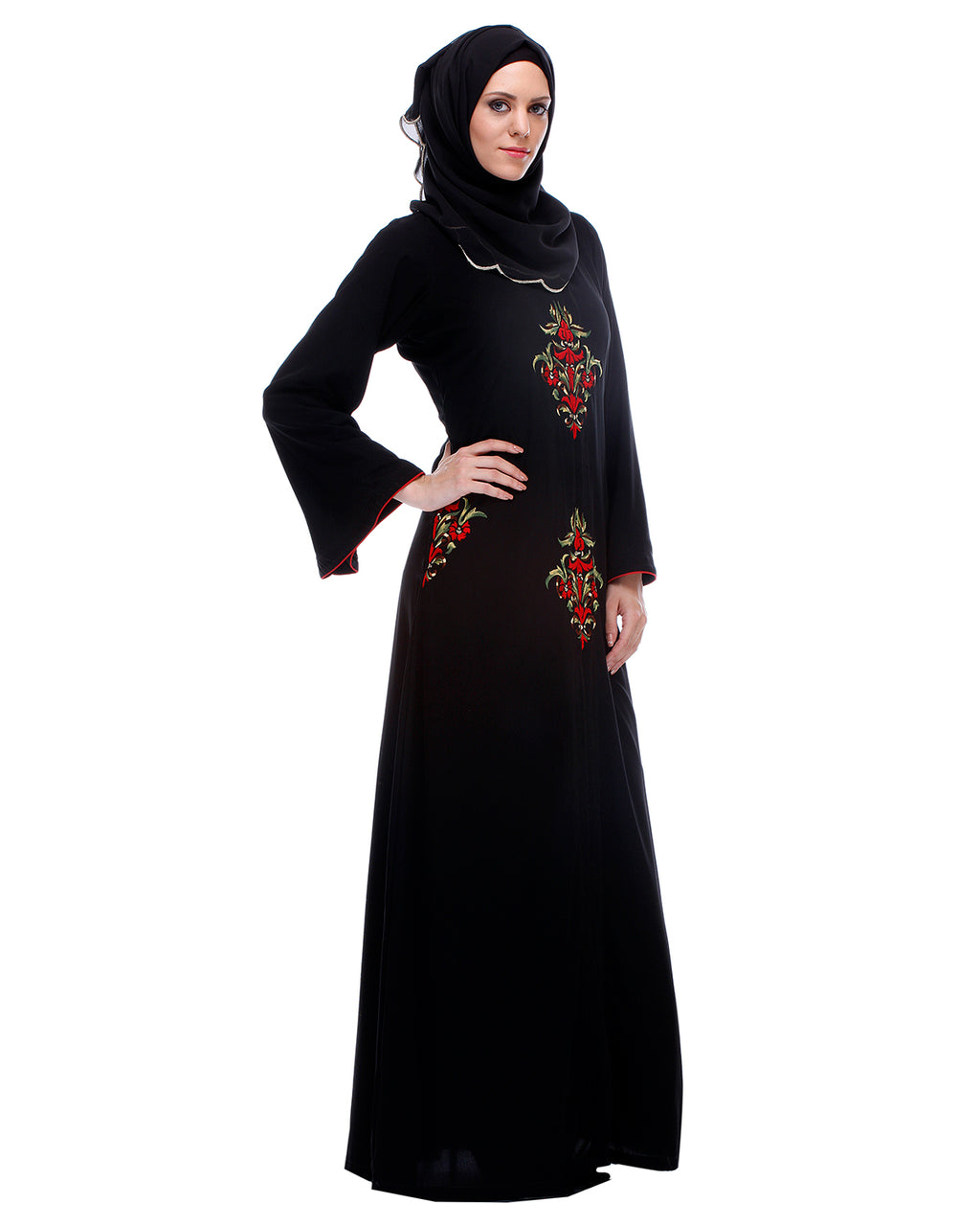 Black Abaya With Multi Coloured Thread Embroidery Black