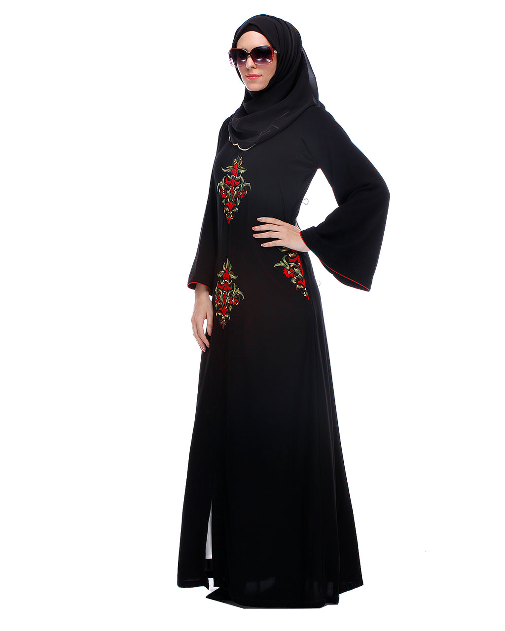 Black Abaya With Multi Coloured Thread Embroidery Black