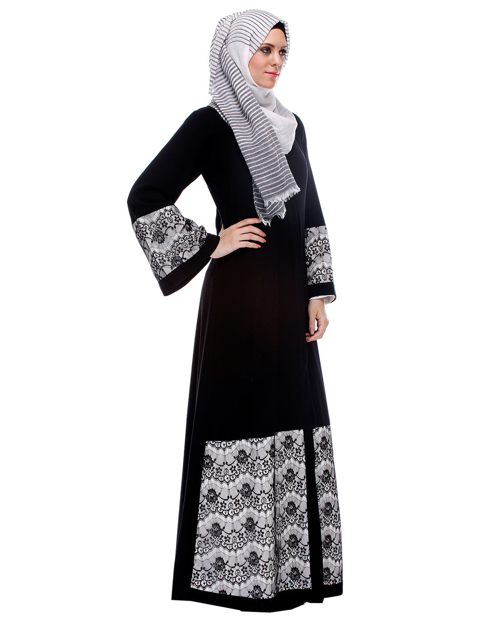 Black Abaya With Double Layer Laced Detailing