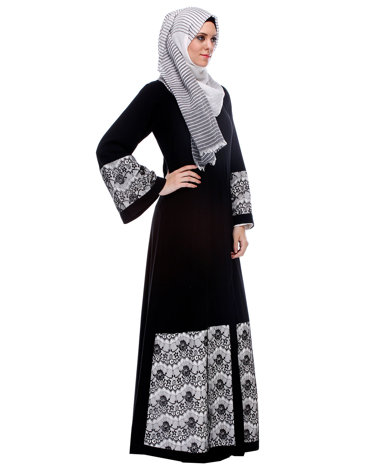 Black Abaya With Double Layer Laced Detailing
